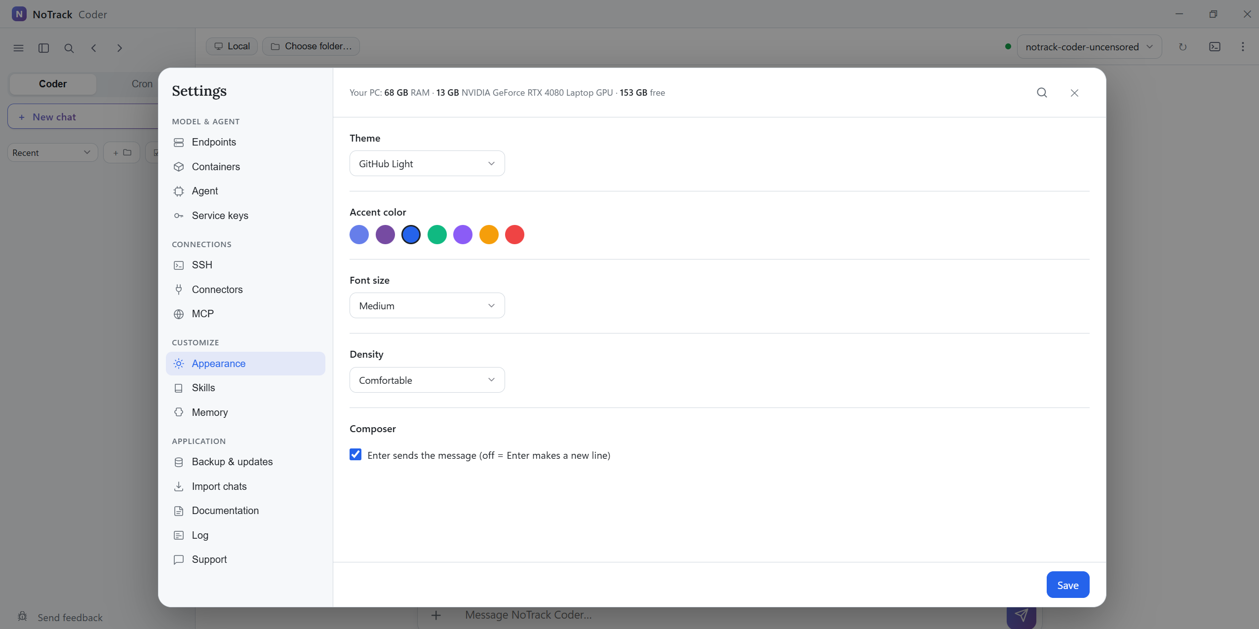 Shared reference: Appearance settings with theme, accent color, font size, and density controls. Available preferences depend on the selected software.