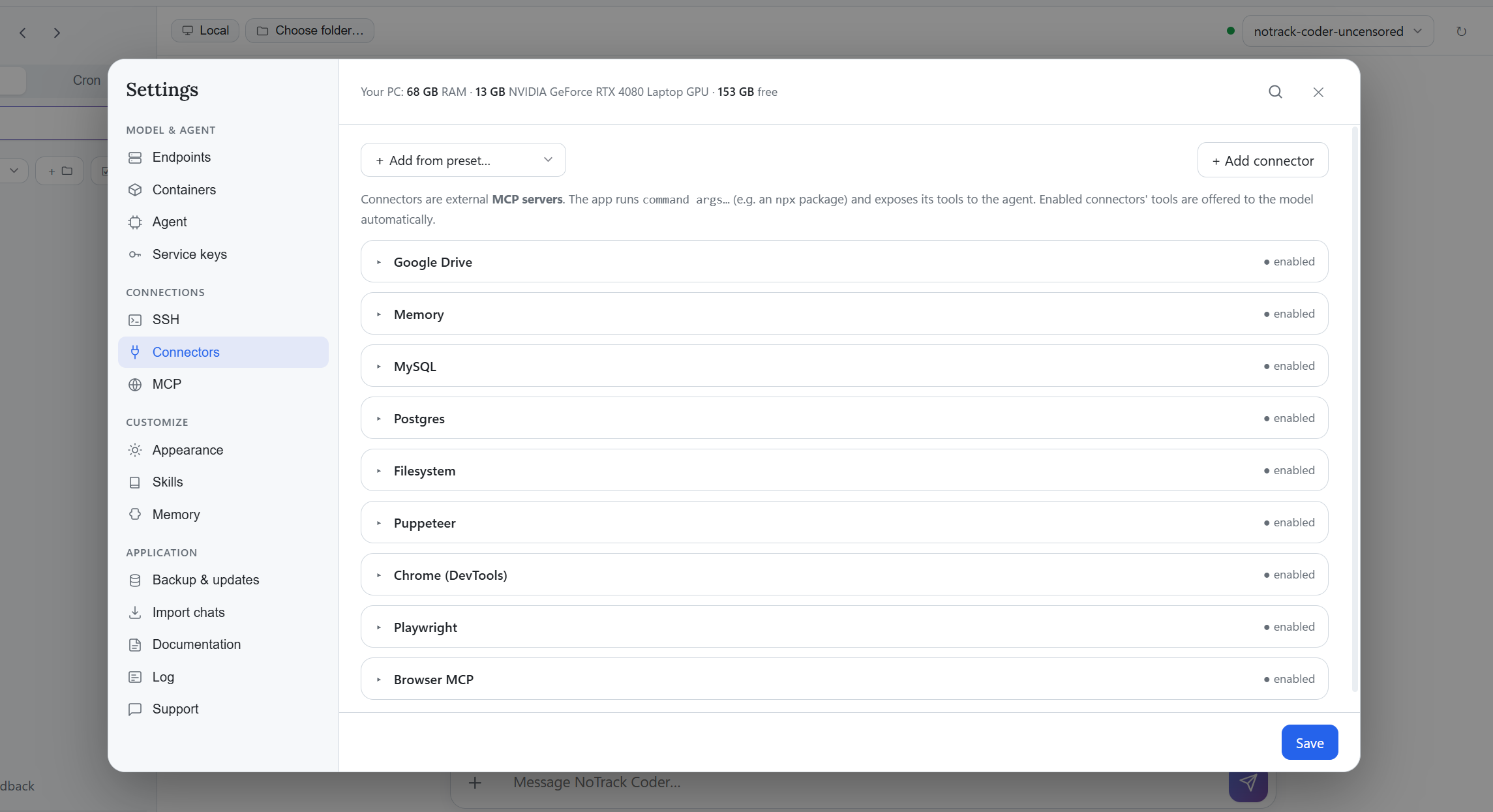 Shared reference: Connectors settings. Tool connections and model endpoint configuration are separate parts of a coding setup.