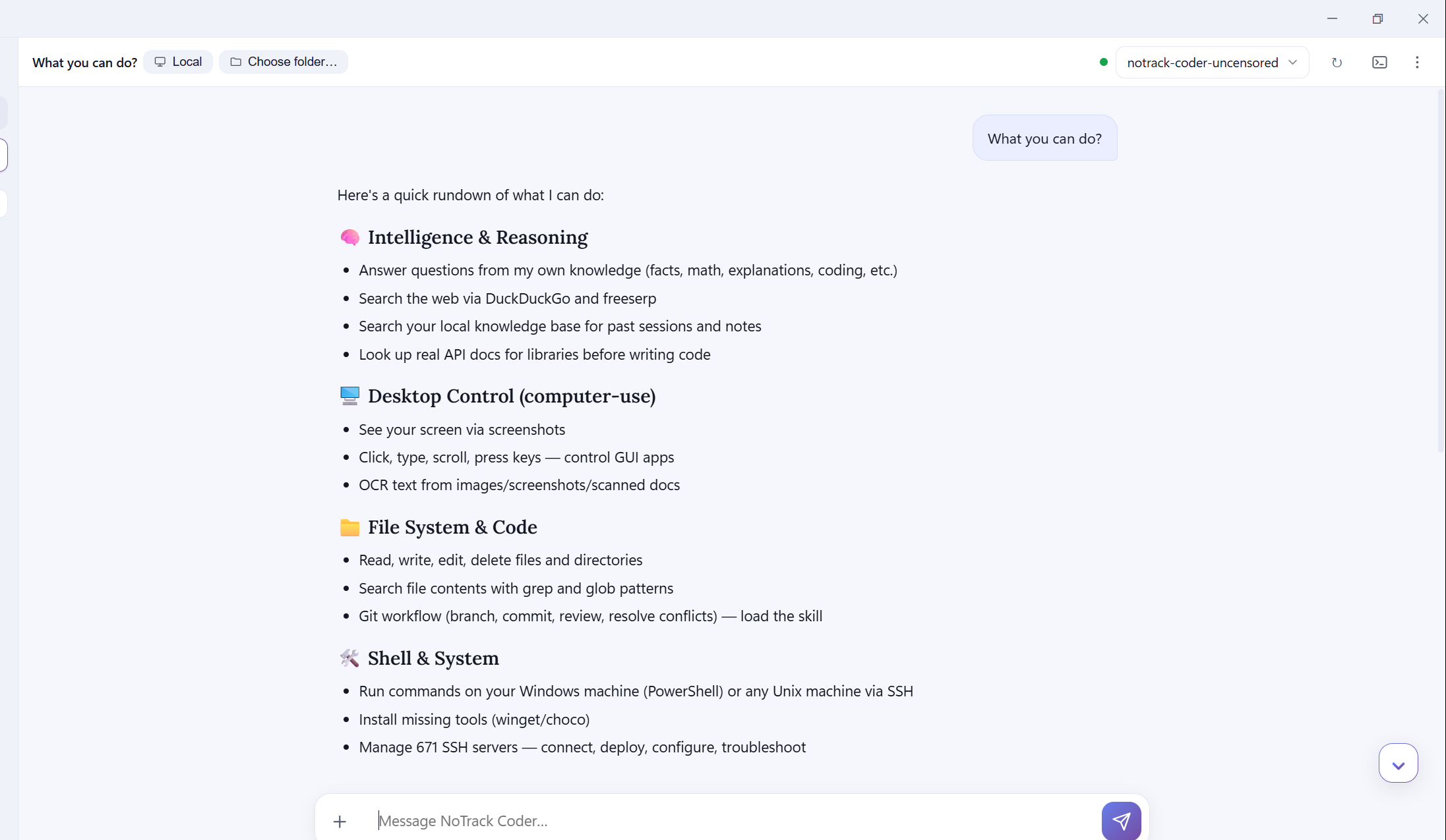 Shared workspace reference, upper view: folder and model selection above a conversation. Use zoom for the full screenshot; final software may differ.